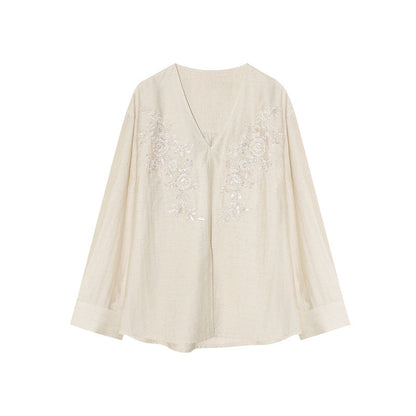 old money retro cotton and linen split ends, straps embroidered v-neck shirt