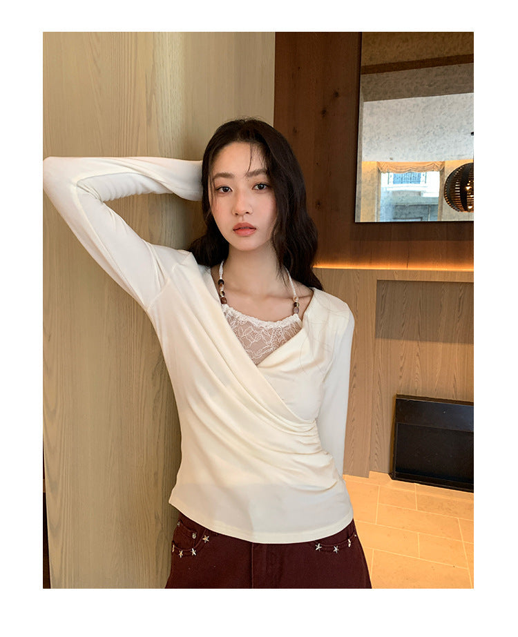 Sexy splicing lace slim neck long sleeve T-shirt