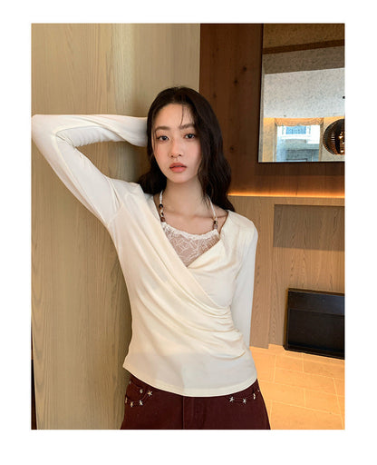 Sexy splicing lace slim neck long sleeve T-shirt