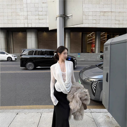 V-Neck Long Sleeve T-Shirt Women Slim Fit Lace Splicing Layered Top