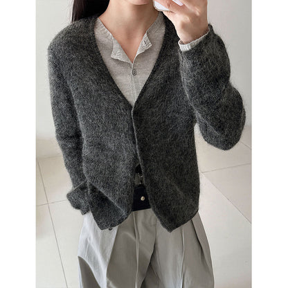 Korean gentle lazy wind wool cardigan women's 26 spring V-neck mohair knitted sweater jacket