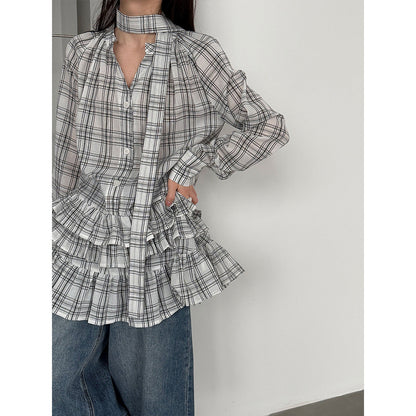 Korean plaid ruffle V-neck lace-up shirt for women's 26 spring niche design stacked dress