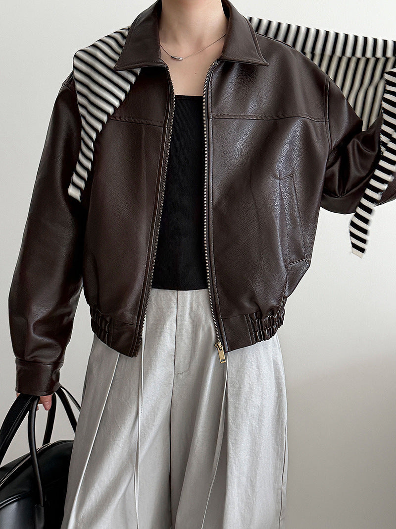Korean locomotive style high-end lapel leather jacket