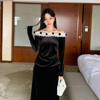 Temperament exquisite sexy one-word shoulder long-sleeved velvet top