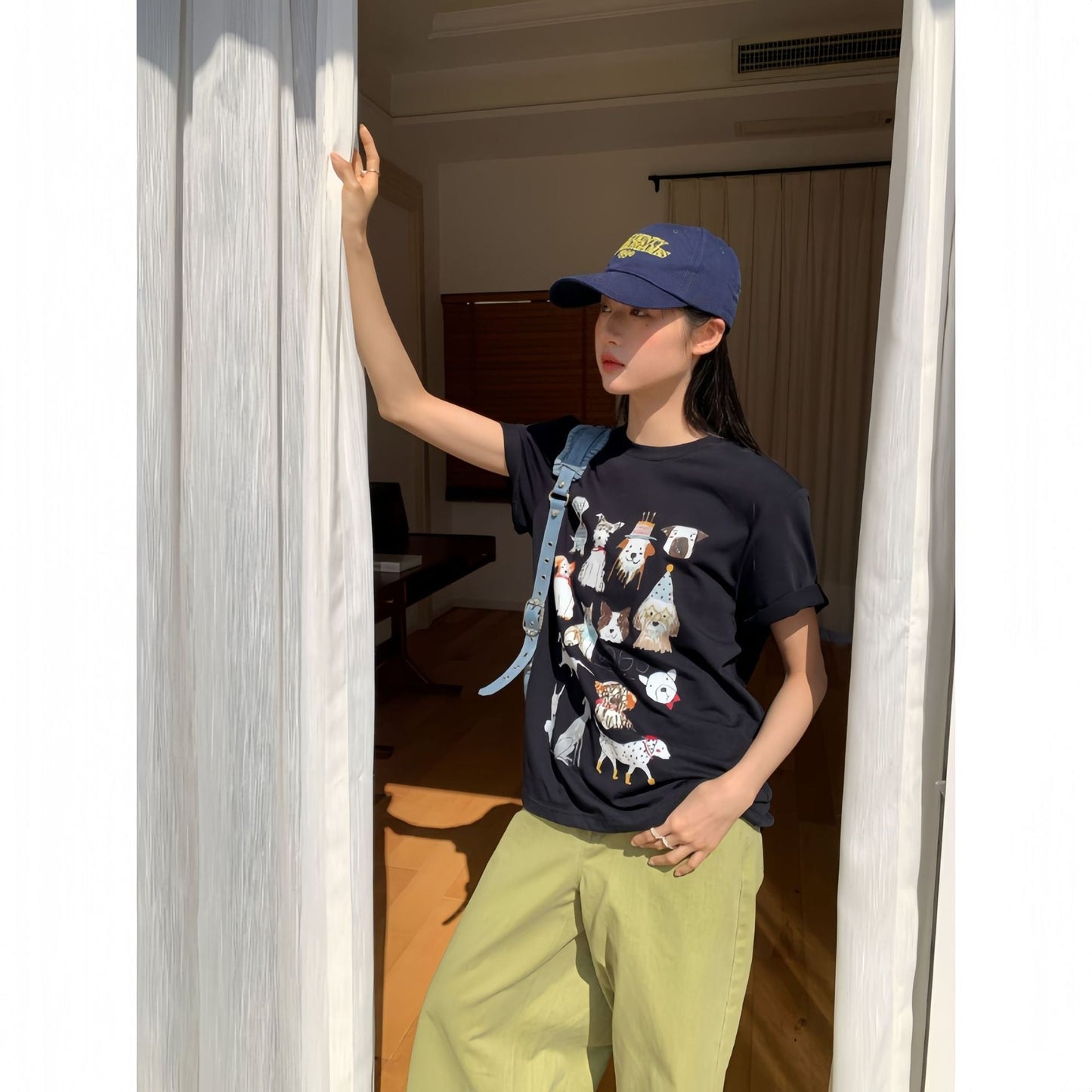 Cartoon printing loose Korean version of round neck girls short sleeves