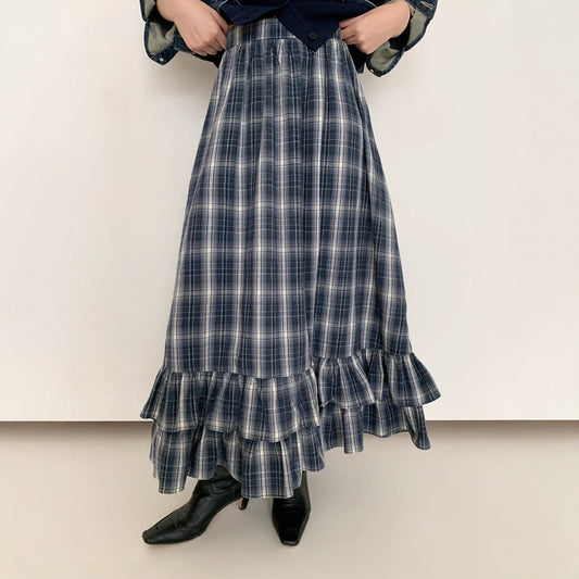 Academy style retro literary versatile lotus leaf edge plaid skirt women