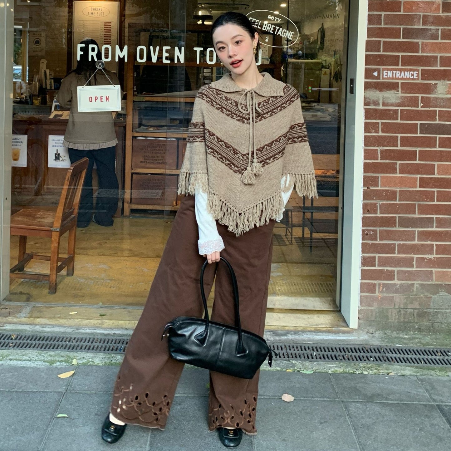 Age-reducing versatile hollow lace mid-rise straight casual pants