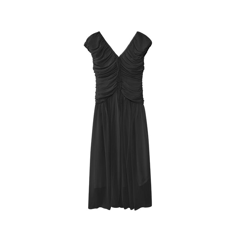 V-neck temperament waist pleated dress