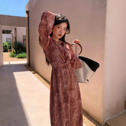 Loose straps slim long-sleeved floral dress