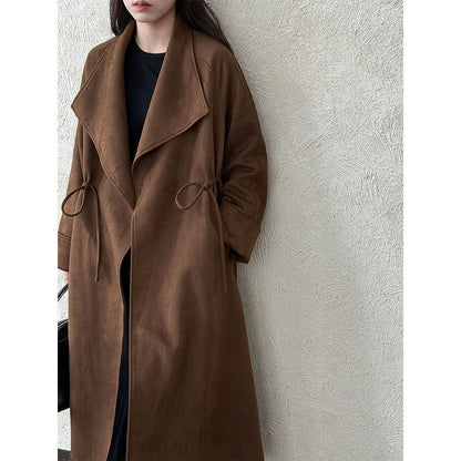High-end silhouette long windbreaker relaxed drawstring plaid large lapel outwear women's autumnew arrival