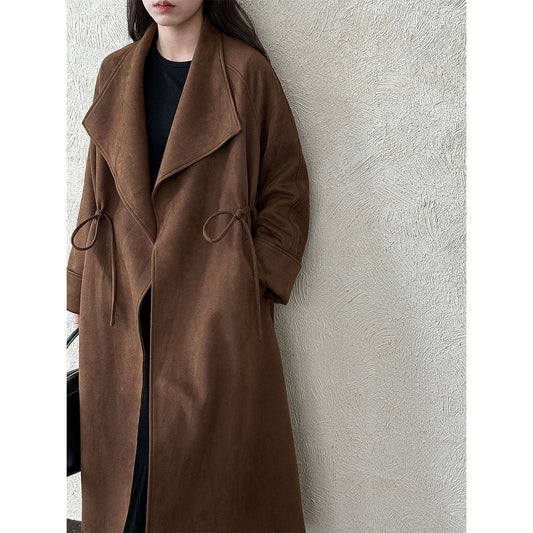 High-end silhouette long windbreaker relaxed drawstring plaid large lapel outwear women's autumnew arrival