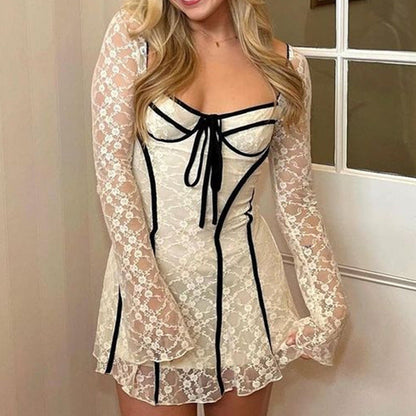 Slim Lace Hollow Splicing Short Skirt Flared Sleek Dress Women High Waist Skinny Spice Girls
