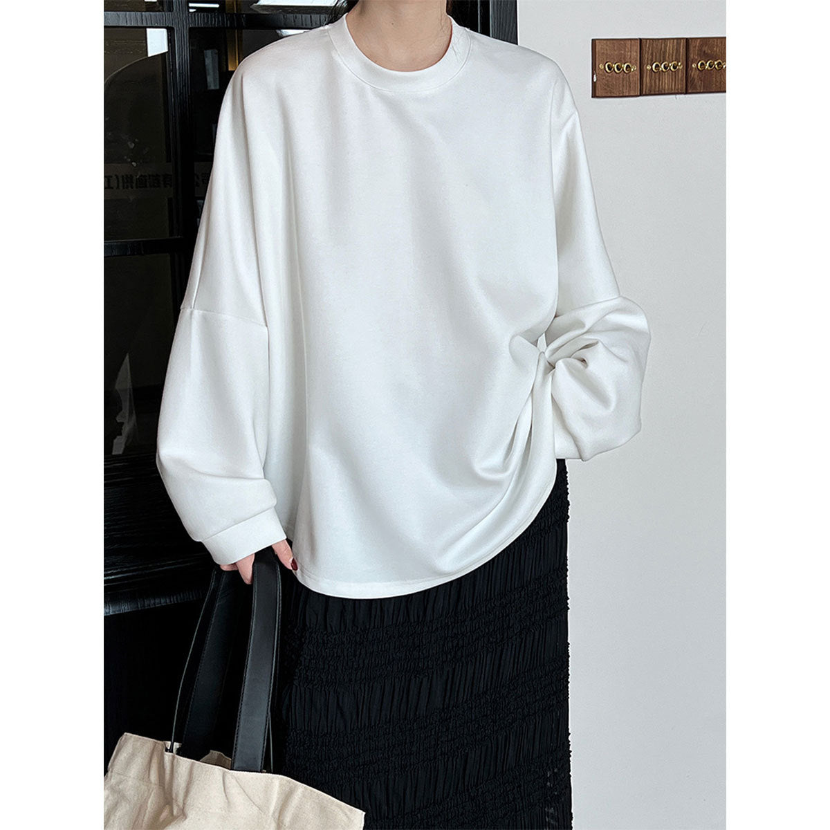 Spring new air cotton T-shirt women's loose silhouette lazy Japanese minimalist shoulder sleeves sweater thin