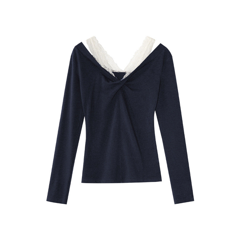 V-Neck Long Sleeve Lace Shoulder Strap Off-Shoulder Top