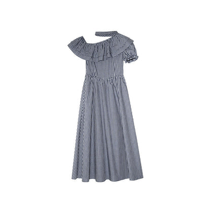 Temperament slanted shoulder ruffle edge neck plaid dress
