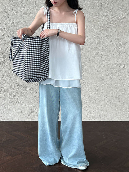 Design sense one-word shoulder vest sling women's summer new mesh splicing skirt two ways to wear
