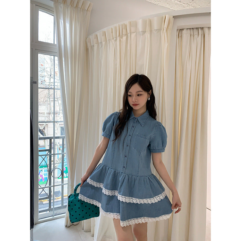 Sweet Denim Polo Collar Dress