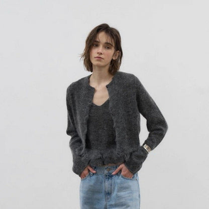 Lotus leaf edge solid color skin-friendly knitted cardigan suspender vest two-piece set