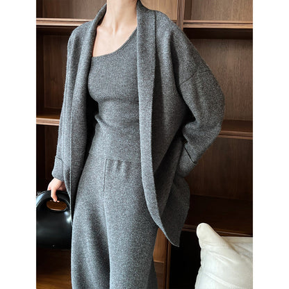 French simple high-end sense 2025 women's autumn and winter new cardigan + vest + wide-leg pants three-piece set ss658