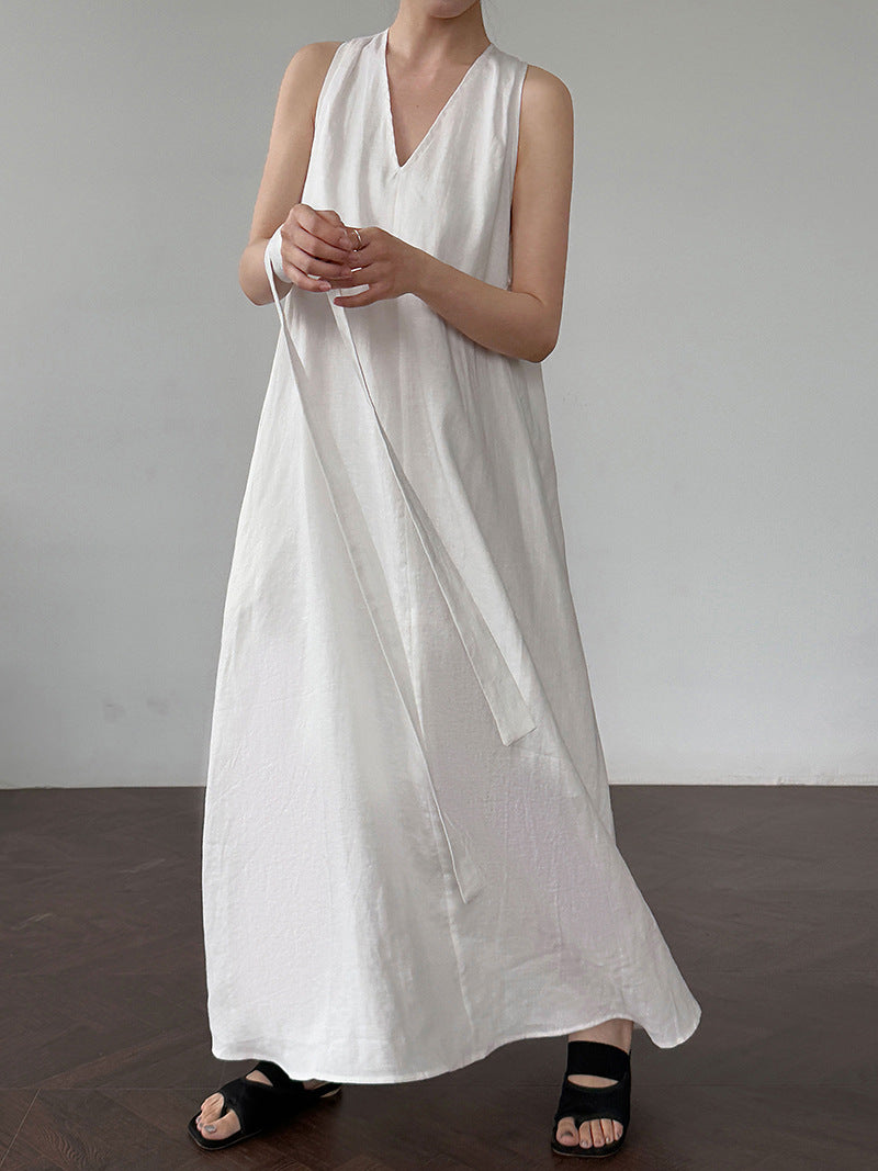 Korean chic niche design v-neck tank dress - new summer collection - 100% ramie waist-cinching dress