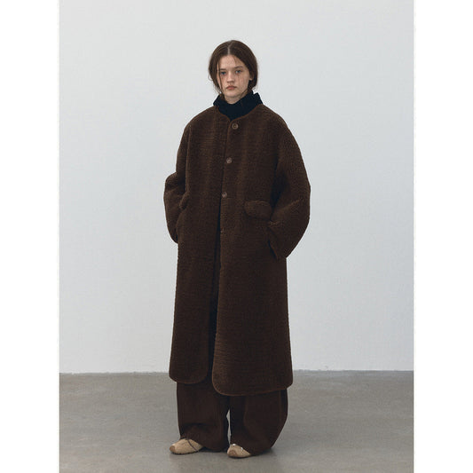 Winter new casual round neck single-breasted teddy fur integrated long plush jacket