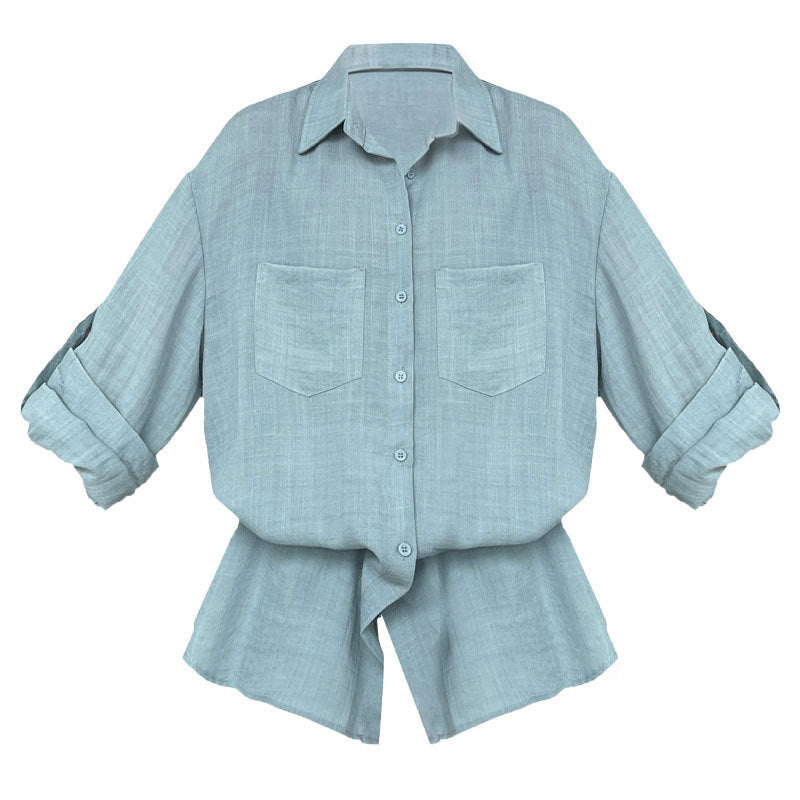 Texture lazy style shirt with waist drawstring women's summer new Korean light and thin long-sleeved shirt