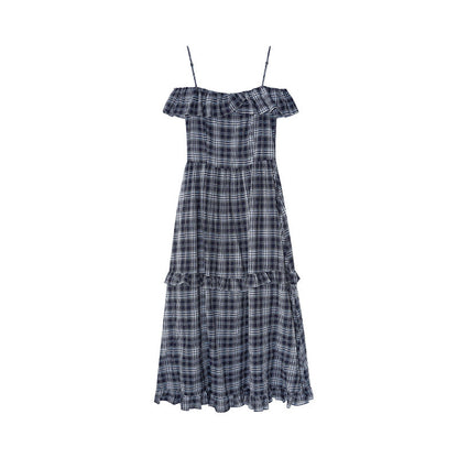 Plaid ruffle edge one-word shoulder suspender dress