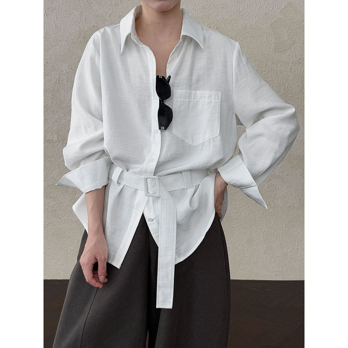 French commuter temperament cardigan with belt women's autumn new drape lazy style top shirt