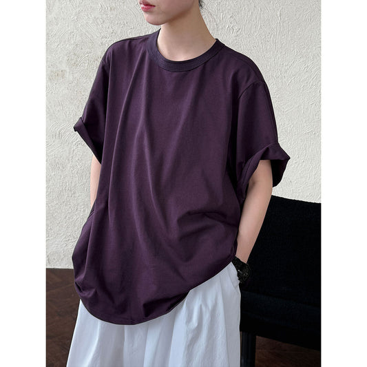 Korean lazy wind curled round neck T-shirt summer new back strap loose short-sleeved top 2711