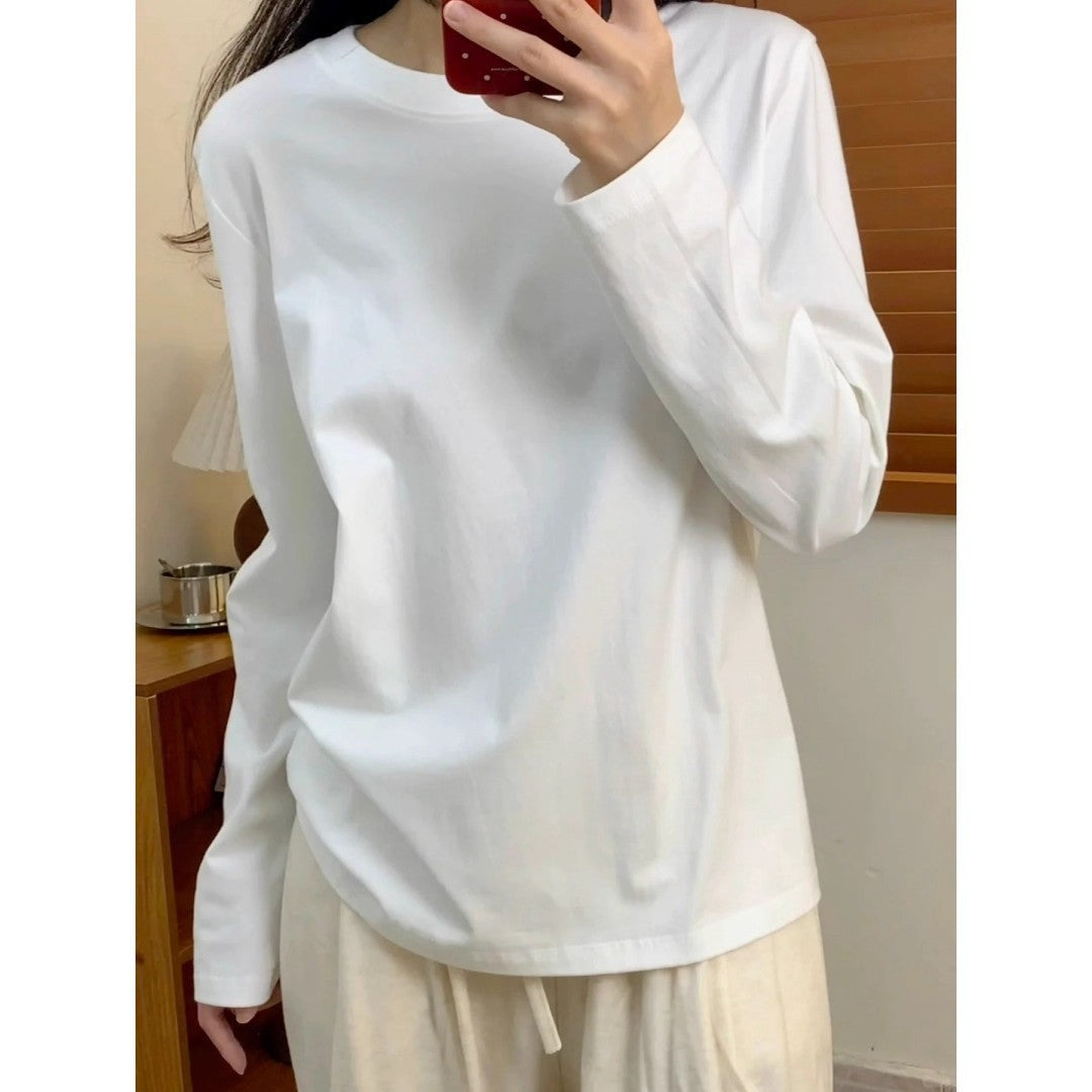 Pure Cotton Long Sleeve T-Shirt Women Round Neck Base Layer Casual Top