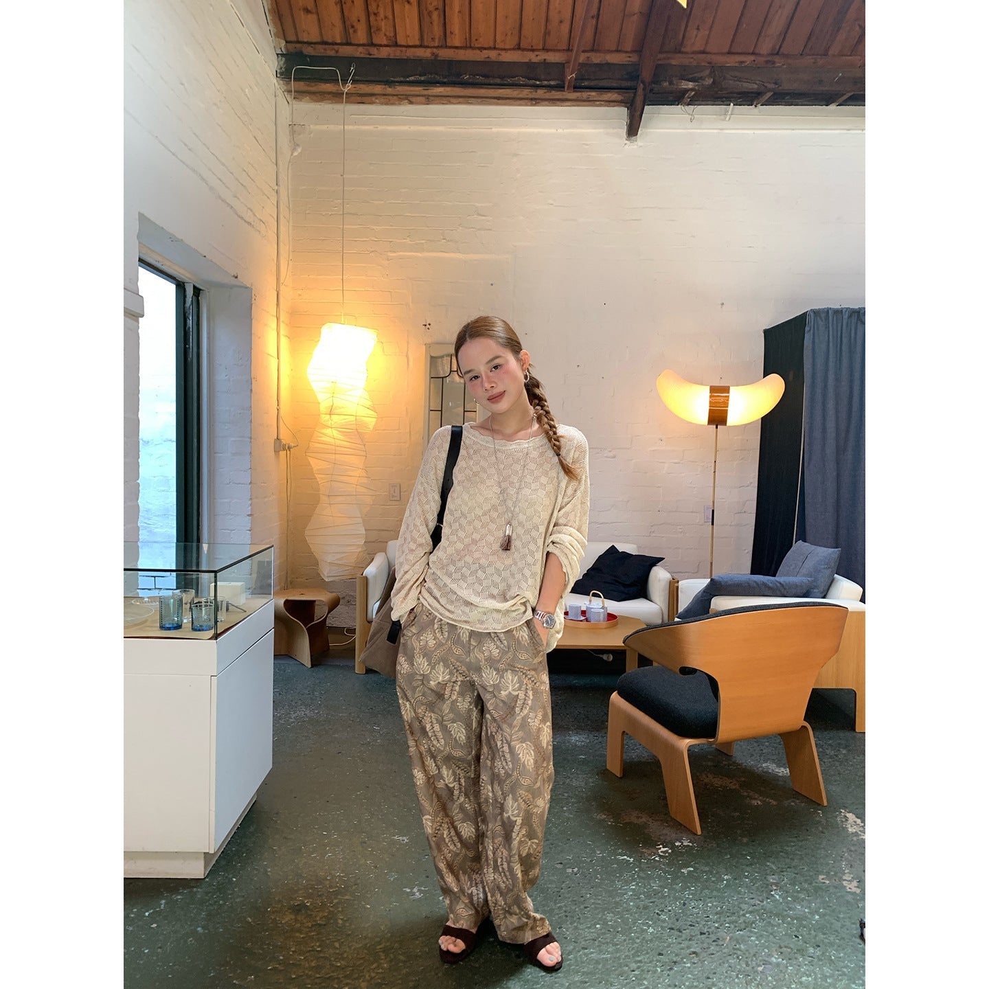 Spring retro elegant extravagant linen printing loose thin straight trousers