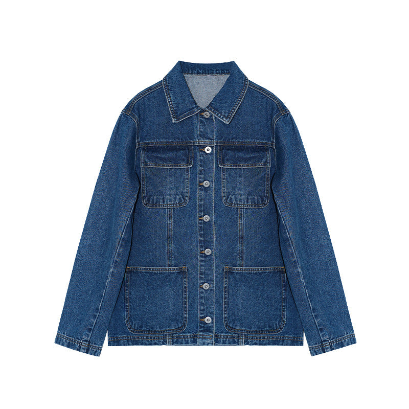 Vintage port-style multi-pocket single-breasted lapel denim jacket