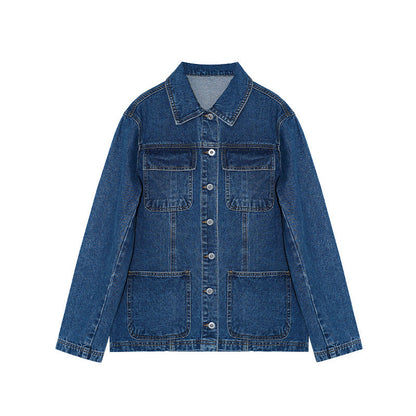 Vintage port-style multi-pocket single-breasted lapel denim jacket