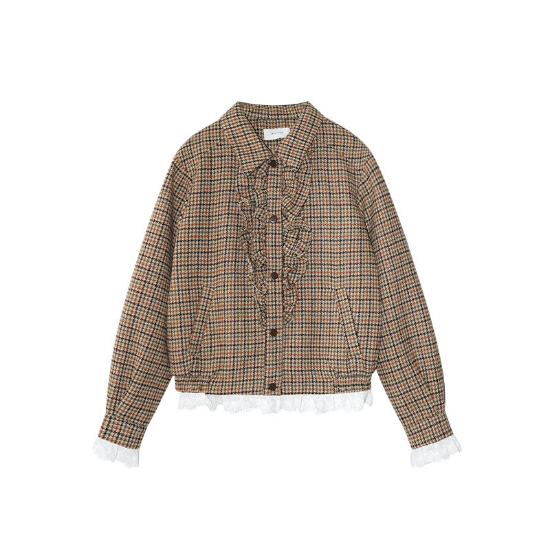 Women's Plaid Lapel Lettuce-Edge Spliced Loose Short Jacket