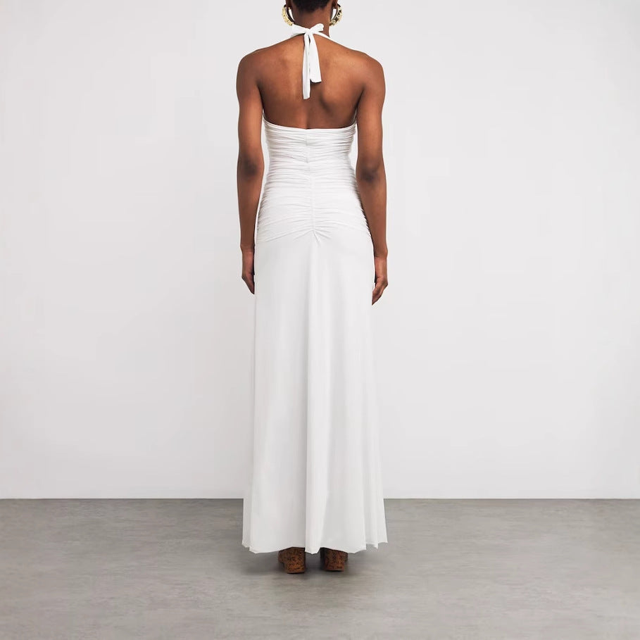Stylish sexy pleated V-neck babes slim-fit lace-up dress
