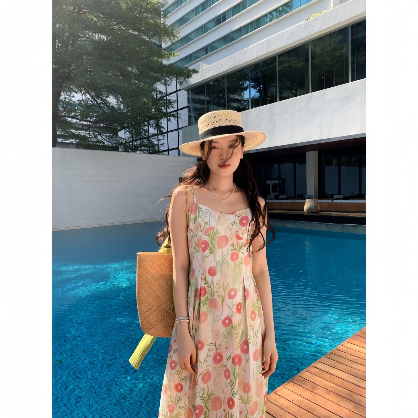Romantic vacation style age-reducing floral suspender dress