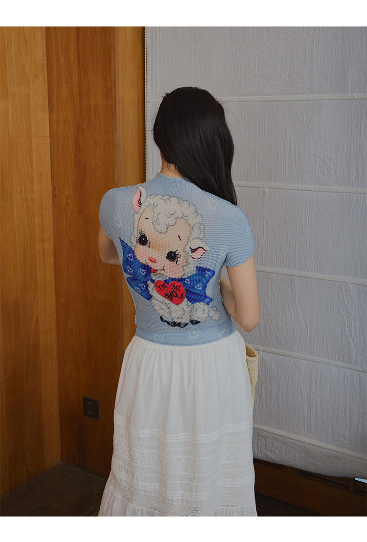 High Elasticity Fun Printing Flesh Cover Skinny Shoulder Short Sleeves
