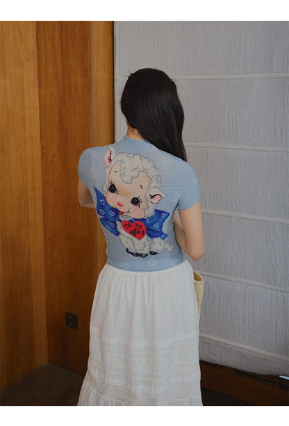 High Elasticity Fun Printing Flesh Cover Skinny Shoulder Short Sleeves