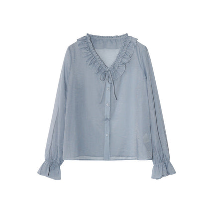 Gentle temperament perspective fungus edge lace-up long-sleeved shirt women