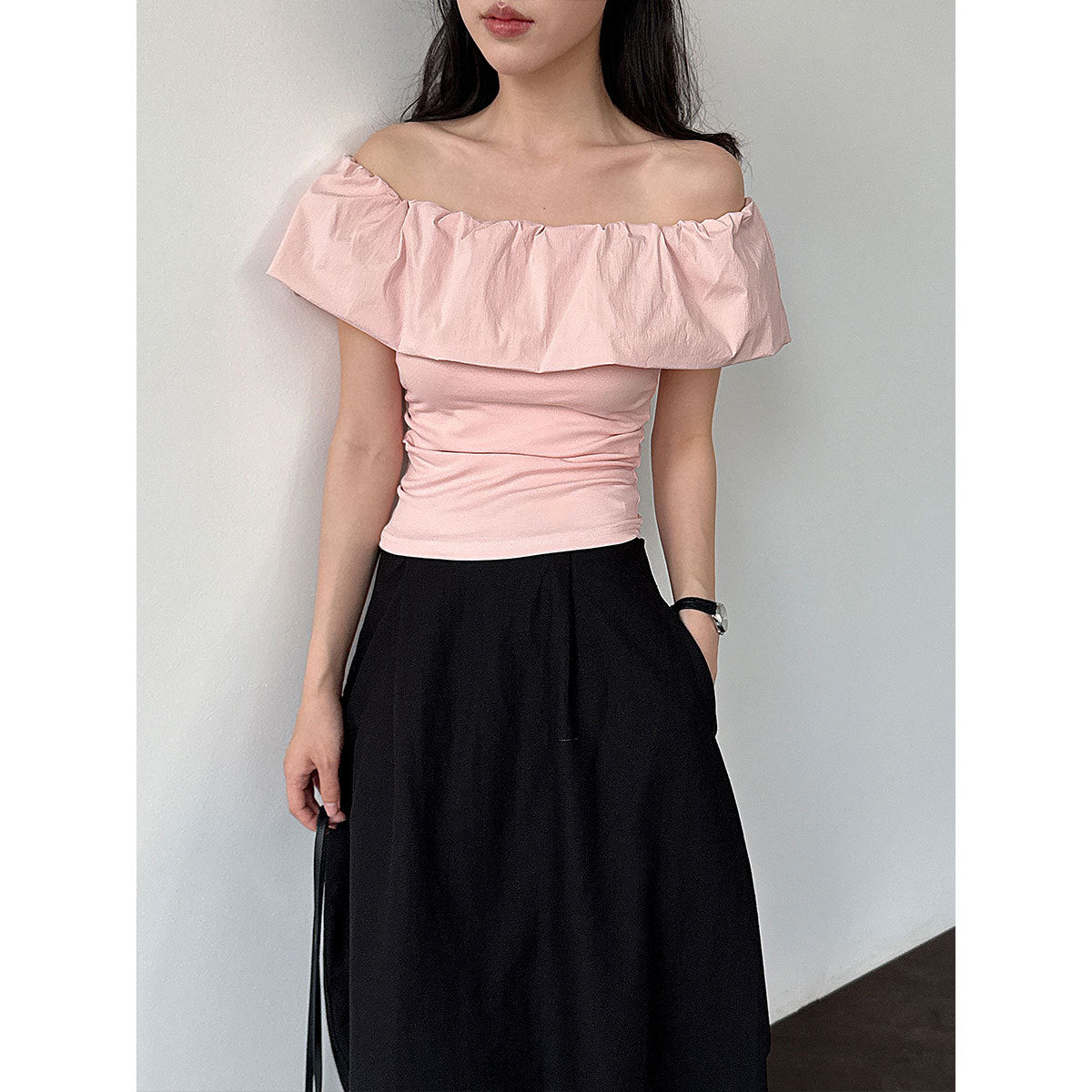 Fresh and sweet temperament ruffle leaf edge shoulder short-sleeved t-shirt women's summer new off-the-shoulder thin top