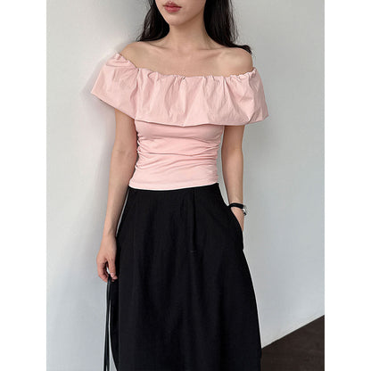Fresh and sweet temperament ruffle leaf edge shoulder short-sleeved t-shirt women's summer new off-the-shoulder thin top
