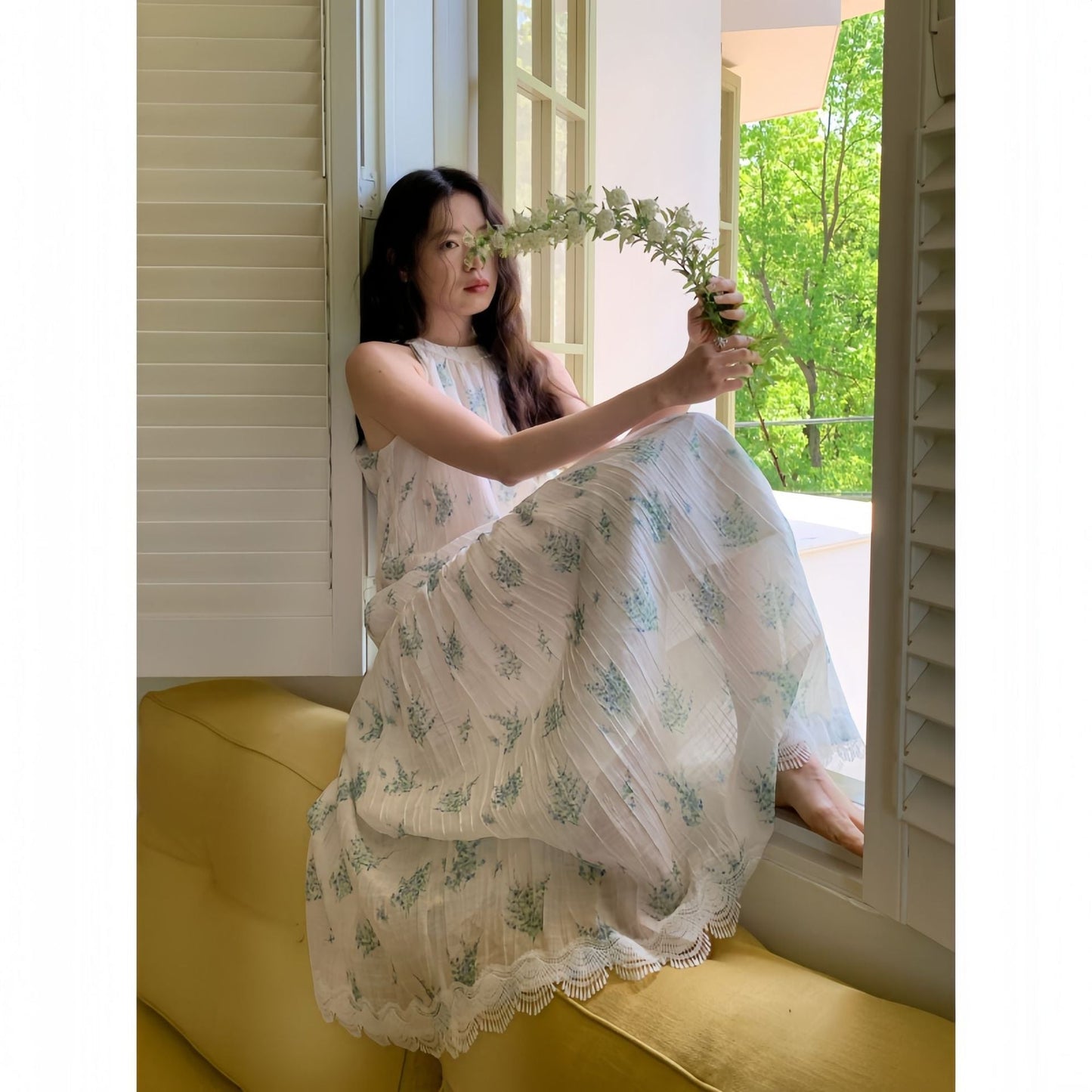 Sweet fairy fresh floral sleeveless neck sling dress