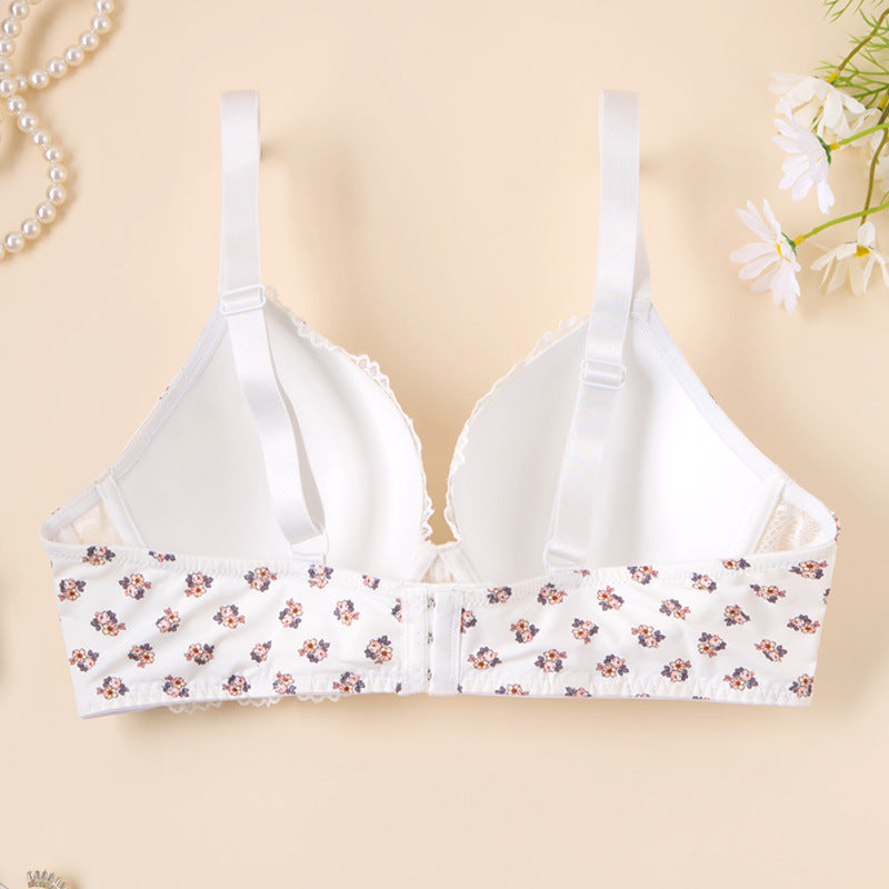 Fattened and enlarged large-size bra, printed lace gathered, supported on the top, large breasts and small women's large-breasted underwear