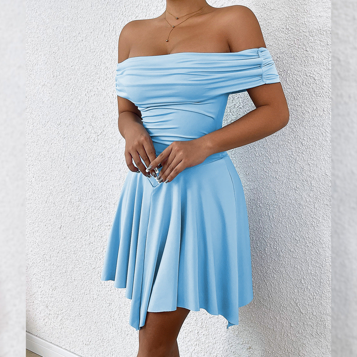 One-Shoulder Tube Top Dress Women Elastic Waist Irregular Hem Mini