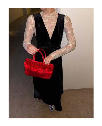 Skinny waist velvet deep V sleeveless dress