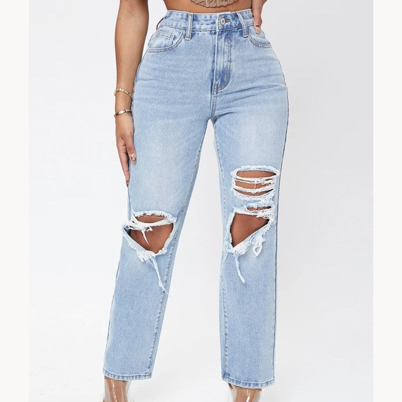 High-Waist Ripped Straight Leg Jeans