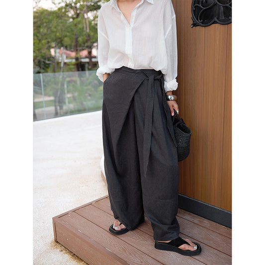 Slant placket strap lazy loose wide-leg tencel linen slacks