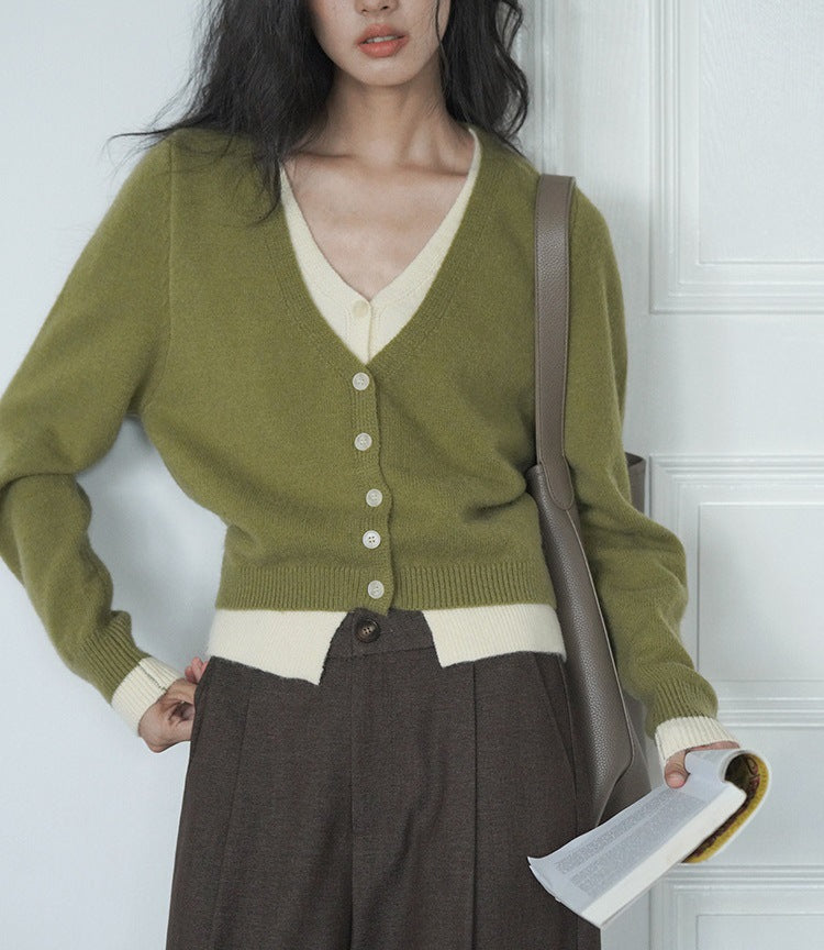 Green Layered Look Knit Cardigan | Women's Slim Spring Sweater Top