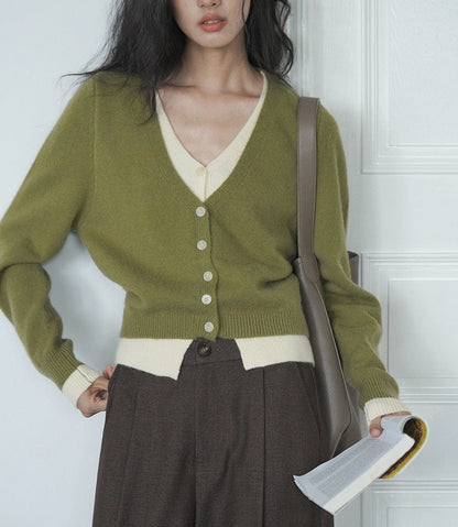 Green Layered Look Knit Cardigan | Women's Slim Spring Sweater Top
