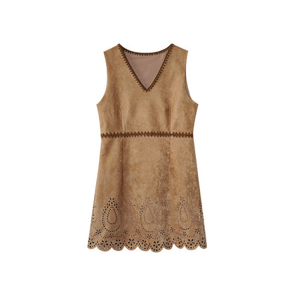 Hollow suede waist v-neck vest dress